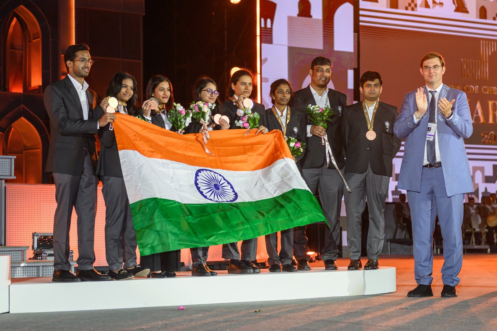 India Women's team with the bronze medals at the 2026 Olympiad in Samarkand